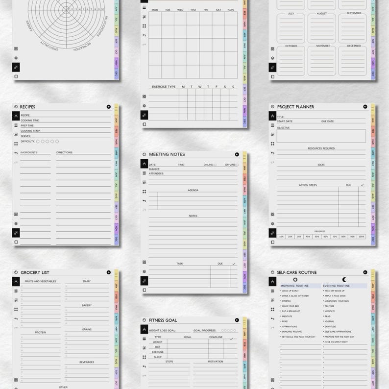 May include: A collection of digital planner pages featuring various templates including a wheel of life, monthly calendar, recipe log, project planner, meeting notes, grocery list, fitness goal tracker, and a self-care routine checklist.