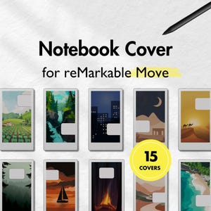 May include: Notebook covers for reMarkable Move, featuring various landscape designs. The image shows 15 covers with illustrations of fields, forests, cityscapes, and desert scenes. A black stylus is in the upper right corner.