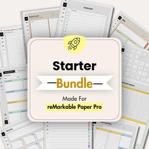 May include: A digital planner starter bundle for reMarkable Paper Pro featuring a central square card with a rocket icon and the text Starter Bundle Made For reMarkable Paper Pro, surrounded by various planning templates.