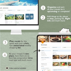 May include: A screenshot of a computer screen showing a website with a planner for travel and meal planning. The website has a light blue background and features a calendar, a list of destinations, and a list of recipes. The website also includes a video tutorial.