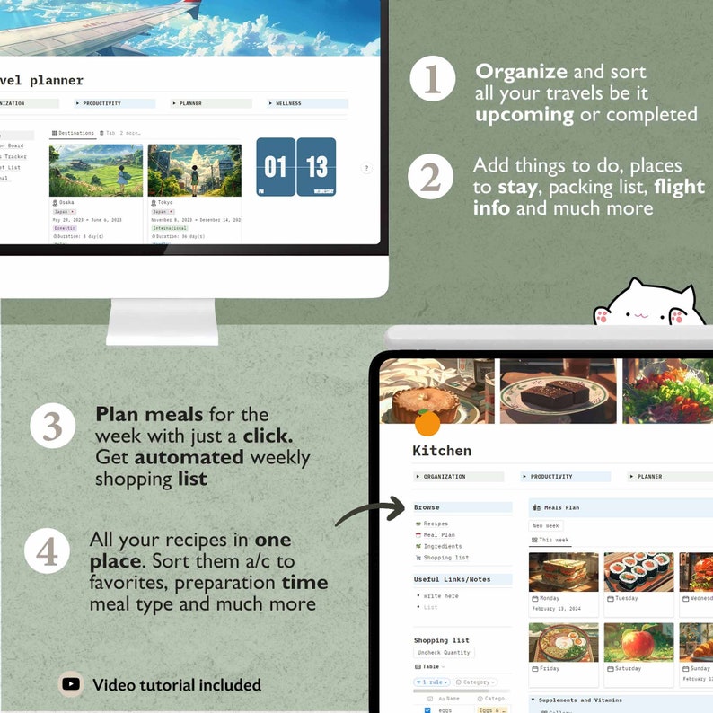 May include: A screenshot of a computer screen showing a website with a planner for travel and meal planning. The website has a light blue background and features a calendar, a list of destinations, and a list of recipes. The website also includes a video tutorial.