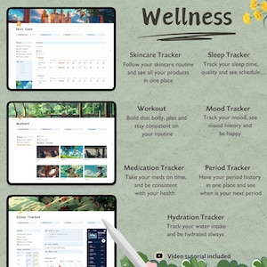 May include: Wellness app interface with a green background and illustrations of flowers. The app tracks skincare, sleep, workout, mood, medication, period, and hydration. The text "Video tutorial included" is at the bottom of the screen.