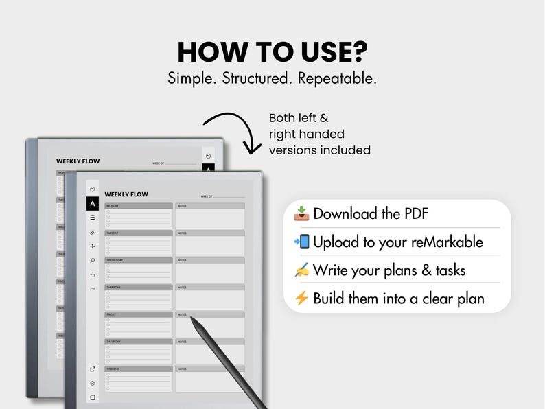 May include: Two digital tablets showing a weekly planner template with the text "WEEKLY FLOW." The image includes instructions: Download the PDF, Upload to your reMarkable, Write your plans & tasks, and Build them into a clear plan. The text "HOW TO USE?" is also visible.