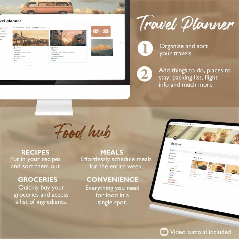 May include: A computer screen displaying a travel planner app with a light blue van on the top left corner. The app has a calendar feature with the date "02 33" displayed. The screen also shows a list of travel destinations with photos. The text "Travel Planner" is displayed in a brown box on the right side of the screen. Below the screen, a brown box with the text "Food hub" is displayed. The box contains four sections: "Recipes", "Groceries", "Meals", and "Convenience". Each section has a brief description of its features. A tablet computer displaying a recipe app is shown on the right side of the image. The text "Video tutorial included" is displayed below the tablet.
