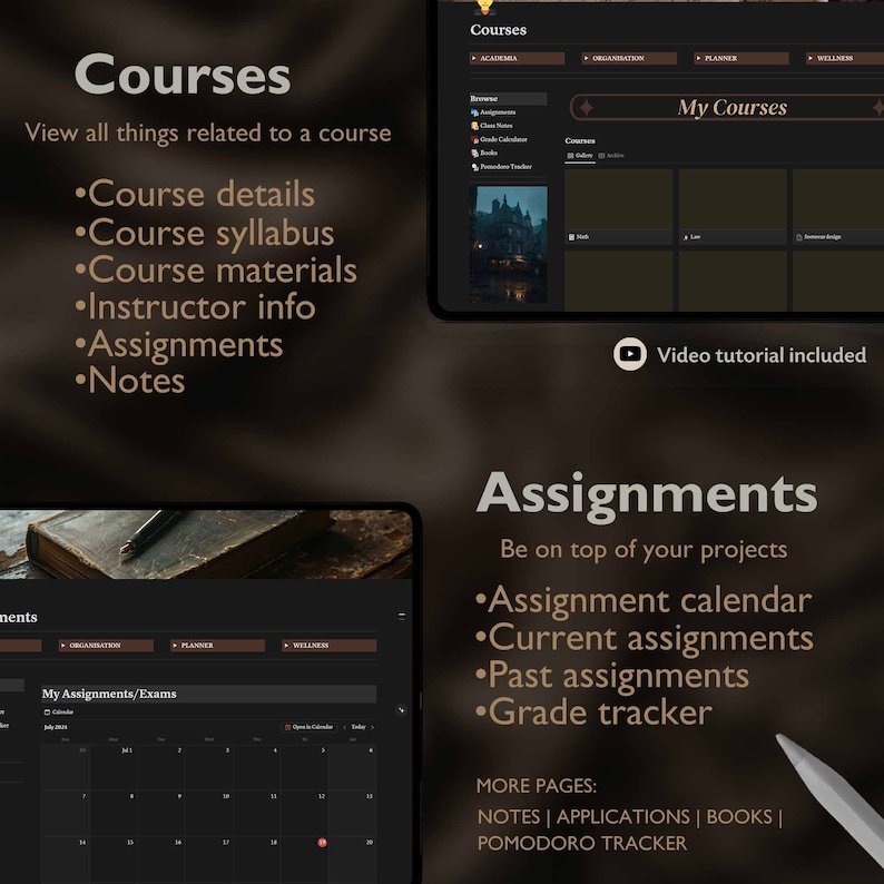 Op de afbeelding: Een donkerbruin computerscherm met een kalender-app die de maand juli laat zien. De app is getiteld "Mijn opdrachten/Examens". Het scherm is omgeven door een donkerbruine houten lijst. De tekst "Cursussen" wordt bovenaan het scherm in groot lettertype weergegeven. De tekst "Opdrachten" wordt onderaan het scherm in groot lettertype weergegeven. De tekst "Video tutorial inbegrepen" wordt onderaan het scherm in klein lettertype weergegeven.
