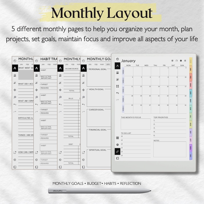 May include: A digital planner display showing five distinct monthly layout pages including habit trackers, goal setting, and a January calendar view. The interface features sidebar navigation icons and a stylus pen positioned horizontally below the pages.