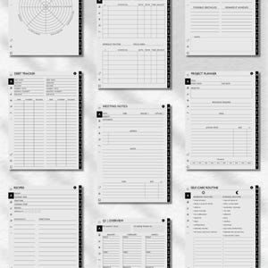 Peut inclure: Un planificateur imprimable noir et blanc avec des pages pour suivre les dettes, les recettes, les notes de r&eacute;union, la planification de projets, les routines d'auto-soins et un aper&ccedil;u trimestriel. Les pages sont con&ccedil;ues avec des grilles et des lignes pour une organisation facile.
