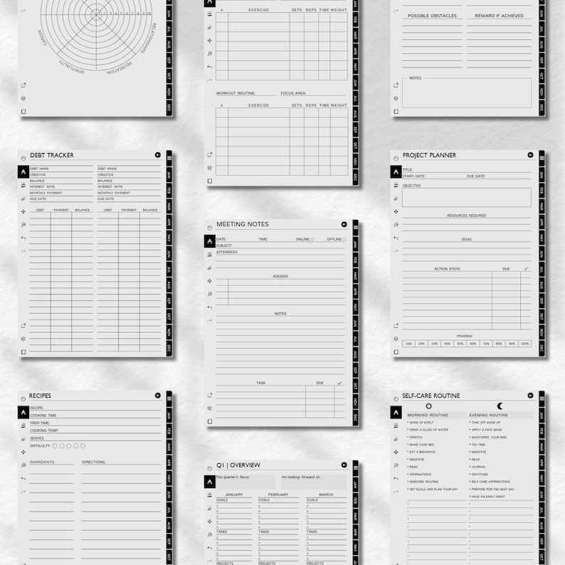 Peut inclure: Un planificateur imprimable noir et blanc avec des pages pour suivre les dettes, les recettes, les notes de r&eacute;union, la planification de projets, les routines d'auto-soins et un aper&ccedil;u trimestriel. Les pages sont con&ccedil;ues avec des grilles et des lignes pour une organisation facile.