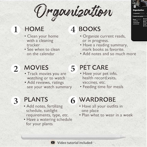 May include: A colorful infographic with the word "Organization" at the top and six numbered sections: Home, Movies, Plants, Books, Pet Care, and Wardrobe. Each section has a list of tips for organizing that area of life.