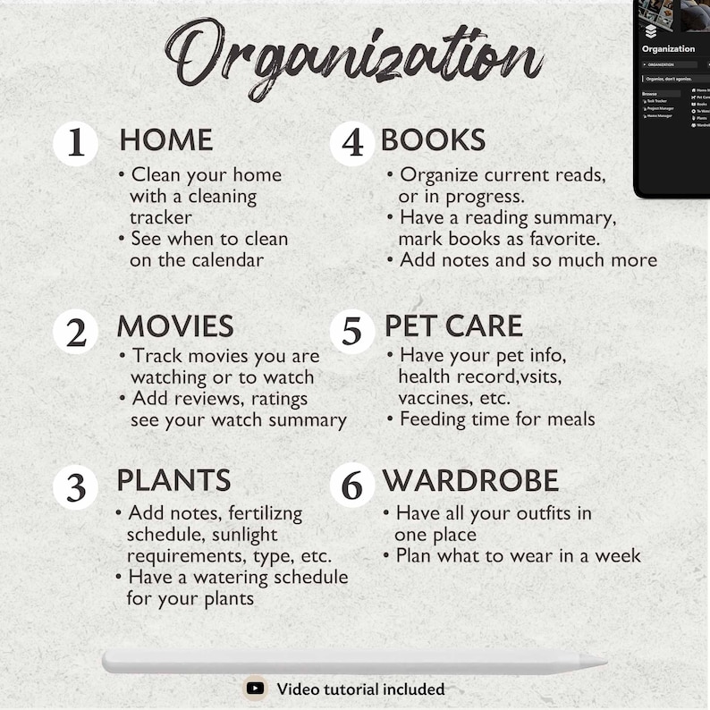 May include: A colorful infographic with the word "Organization" at the top and six numbered sections: Home, Movies, Plants, Books, Pet Care, and Wardrobe. Each section has a list of tips for organizing that area of life.