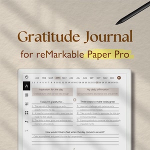 May include: A digital planner template for the reMarkable Paper Pro tablet. The template features a calendar, daily affirmations, gratitude prompts, and a section for reflecting on the day. The template is designed to help users cultivate a sense of gratitude and mindfulness.
