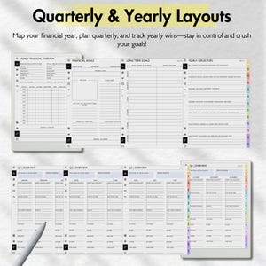 May include: A black and white image showing a planner with sections for yearly, quarterly, and monthly financial planning. The planner includes sections for financial goals, long-term goals, and yearly reflection.