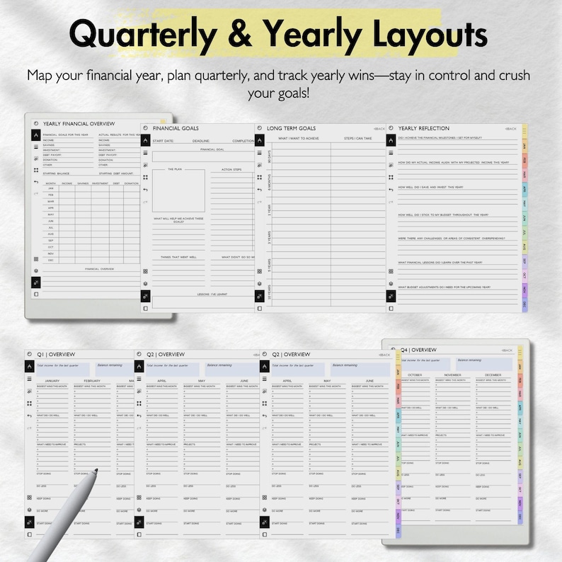 May include: A black and white image showing a planner with sections for yearly, quarterly, and monthly financial planning. The planner includes sections for financial goals, long-term goals, and yearly reflection.