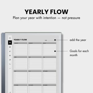 May include: A digital planner displaying the text "YEARLY FLOW" and the tagline "Plan your year with intention - not pressure." The planner has a grid layout for each month, with space to add the year and monthly goals.