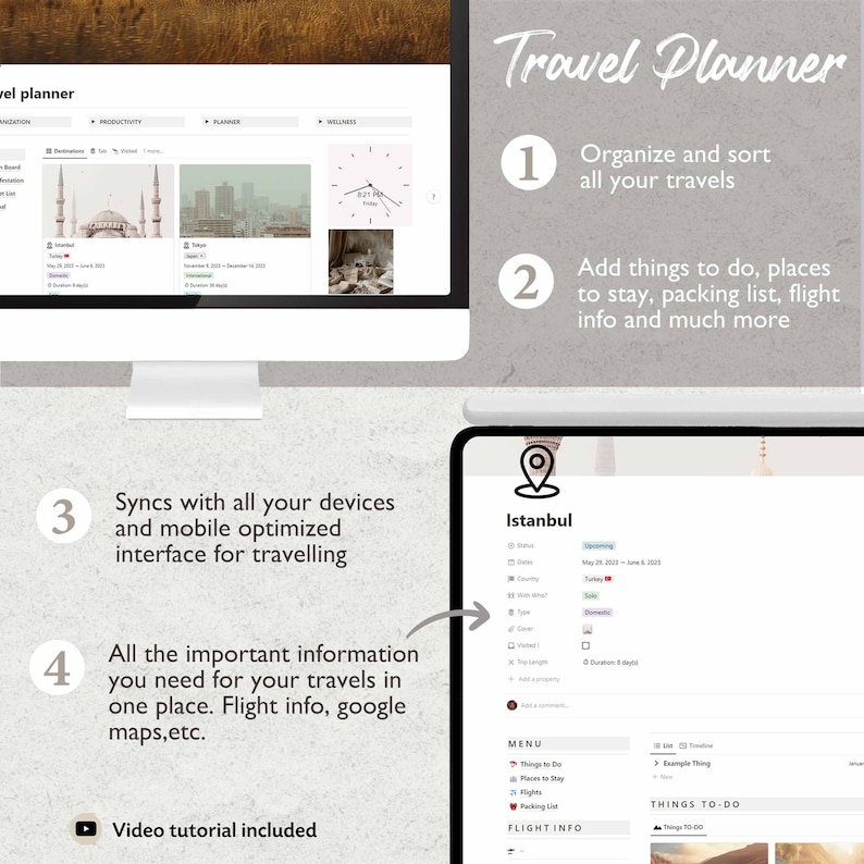 May include: A screenshot of a travel planner app on a computer screen and a tablet. The app is designed to help users organize and plan their trips. The app includes features such as adding things to do, places to stay, packing lists, flight information, and more. The app also syncs with all devices and is optimized for mobile use. The app is shown in use for a trip to Istanbul, Turkey.