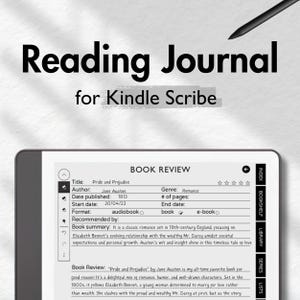 Peut inclure: Un journal de lecture numérique pour Kindle Scribe. L'image présente une critique du livre "Pride and Prejudice" de Jane Austen. La critique inclut des détails tels que l'auteur, la date de publication et le format. Le texte "Reading Journal for Kindle Scribe" est en haut.