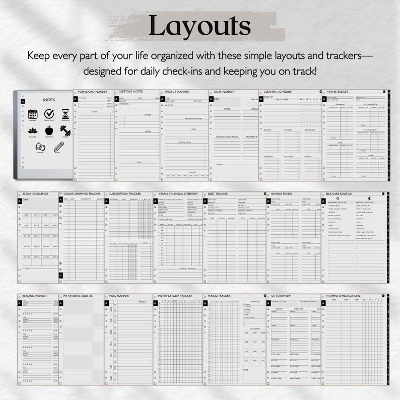 Peut inclure: Un ensemble de pages de planificateur imprimables avec diff&eacute;rentes mises en page et suivis pour organiser diff&eacute;rents aspects de la vie, notamment les d&eacute;fis quotidiens, les achats en ligne, les abonnements, les finances, le r&eacute;gime alimentaire, les plans de travail, les routines de soins personnels, les listes de lecture, les citations pr&eacute;f&eacute;r&eacute;es, la planification des repas, le suivi du sommeil, le suivi des r&egrave;gles et plus encore.