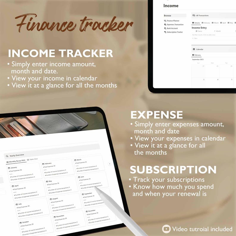 May include: A screenshot of a computer screen showing a finance tracker app. The app has a calendar view and a table view. The app is designed to help users track their income, expenses, and subscriptions.