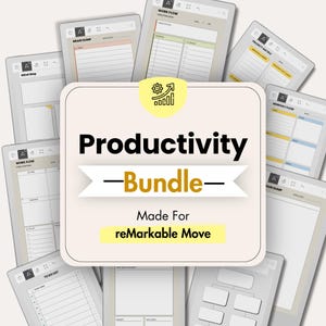 Peut inclure: Un ensemble de productivité numérique pour tablettes reMarkable Move, comprenant une carte carrée centrale avec le texte Productivity Bundle Made For reMarkable Move, entouré de divers modèles de planificateur, dont des cartes mentales et des flux de travail.