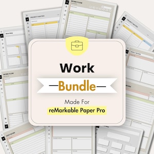Könnte beinhalten: Ein digitales Planer-Bundle für reMarkable Paper Pro mit einer zentralen quadratischen Karte, einem gelben Aktentaschen-Symbol und dem Text Work Bundle Made For reMarkable Paper Pro, umgeben von verschiedenen Produktivitätsvorlagen.