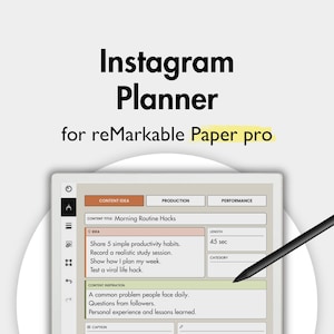 May include: A digital Instagram planner for reMarkable Paper pro displayed on a tablet screen. The interface features sections for content ideas, production, and performance, with a black stylus resting on the screen surface.