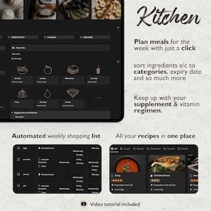 May include: A screenshot of a mobile app interface for meal planning. The app features a weekly meal planner, automated shopping list, and a recipe database. The app is called "Kitchen" and has a dark background with gold accents.