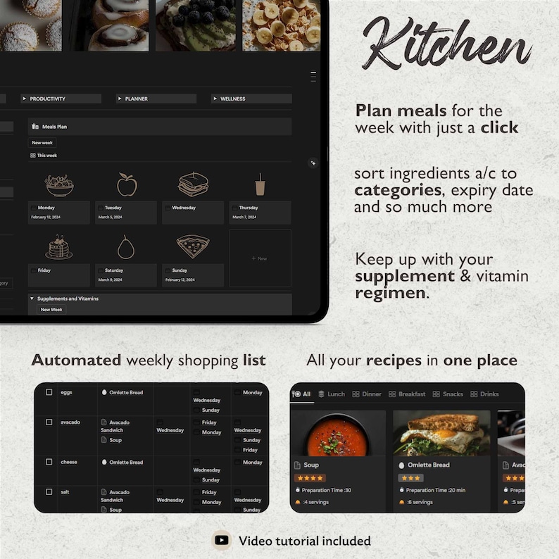 May include: A screenshot of a mobile app interface for meal planning. The app features a weekly meal planner, automated shopping list, and a recipe database. The app is called "Kitchen" and has a dark background with gold accents.