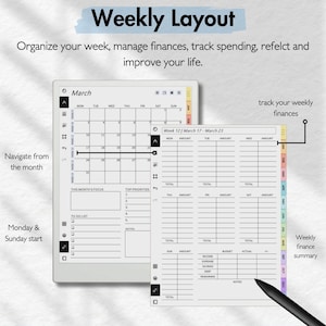 May include: A black and white weekly planner with a monthly calendar, to-do list, and a section for tracking finances. The planner includes a section for income, expenses, savings, debt, and remaining balance. The planner is labeled "Weekly Layout" and "Week 12 / March 17 - March 23".