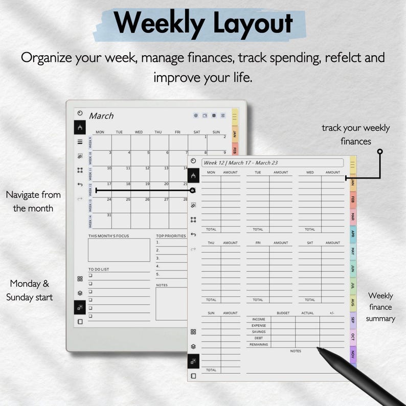 May include: A black and white weekly planner with a monthly calendar, to-do list, and a section for tracking finances. The planner includes a section for income, expenses, savings, debt, and remaining balance. The planner is labeled "Weekly Layout" and "Week 12 / March 17 - March 23".