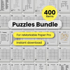 May include: A digital puzzle bundle for reMarkable Paper Pro featuring 400 items including Sudoku grids, word searches, and crossword puzzles displayed on multiple pages with black text on a light gray background and yellow circular accents.