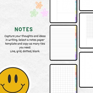 Puede incluir: Plantilla de notas digitales con p&aacute;ginas rayadas, cuadriculadas, punteadas y en blanco. La palabra "NOTES" est&aacute; en texto verde. El texto dice: "Captura tus pensamientos e ideas por escrito. Selecciona una plantilla de papel de notas y copia tantos lazos como necesites."