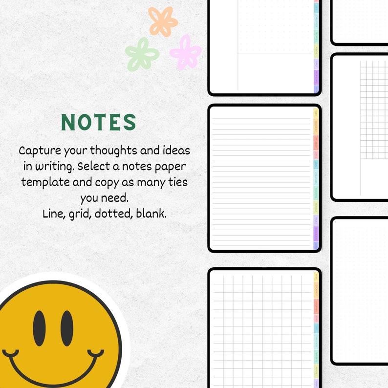 Puede incluir: Plantilla de notas digitales con p&aacute;ginas rayadas, cuadriculadas, punteadas y en blanco. La palabra "NOTES" est&aacute; en texto verde. El texto dice: "Captura tus pensamientos e ideas por escrito. Selecciona una plantilla de papel de notas y copia tantos lazos como necesites."