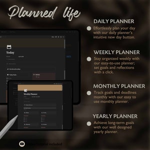 Op de afbeelding: Een donkergrijs computerscherm met de tekst "Planned life" in wit. Het scherm toont een kalender-app met een dagelijkse, wekelijkse, maandelijkse en jaarlijkse planner. De tekst "Today" is zichtbaar op het scherm. Het scherm bevindt zich op een donkerbruine achtergrond.