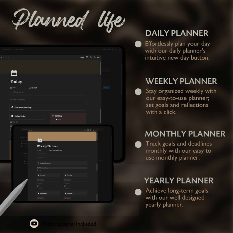 Op de afbeelding: Een donkergrijs computerscherm met de tekst "Planned life" in wit. Het scherm toont een kalender-app met een dagelijkse, wekelijkse, maandelijkse en jaarlijkse planner. De tekst "Today" is zichtbaar op het scherm. Het scherm bevindt zich op een donkerbruine achtergrond.