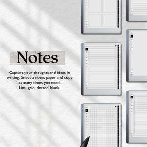 Peut inclure: Un bloc-notes num&eacute;rique avec un fond blanc et des lignes noires. Le bloc-notes propose une vari&eacute;t&eacute; de papiers, y compris lign&eacute;, quadrill&eacute;, pointill&eacute; et vierge. Le texte "Notes" est affich&eacute; en haut de l'image. Le texte "Capturez vos pens&eacute;es et vos id&eacute;es par &eacute;crit. S&eacute;lectionnez un papier de notes et copiez autant de fois que n&eacute;cessaire. Lign&eacute;, quadrill&eacute;, pointill&eacute;, vierge." est affich&eacute; sous le bloc-notes.