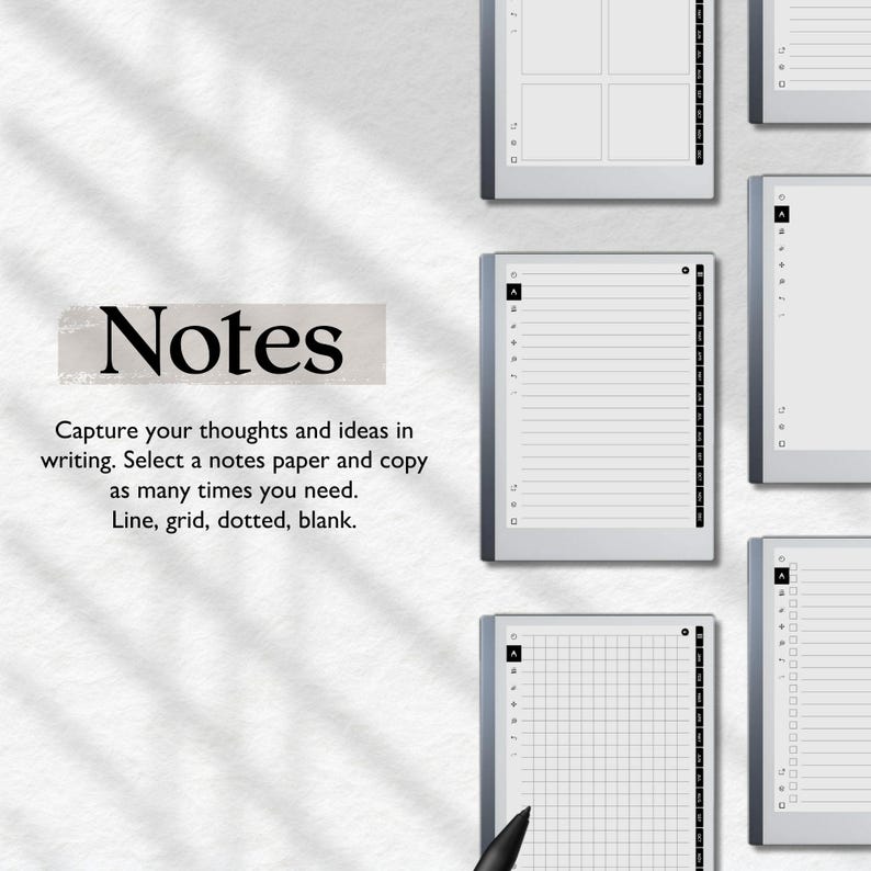 Peut inclure: Un bloc-notes num&eacute;rique avec un fond blanc et des lignes noires. Le bloc-notes propose une vari&eacute;t&eacute; de papiers, y compris lign&eacute;, quadrill&eacute;, pointill&eacute; et vierge. Le texte "Notes" est affich&eacute; en haut de l'image. Le texte "Capturez vos pens&eacute;es et vos id&eacute;es par &eacute;crit. S&eacute;lectionnez un papier de notes et copiez autant de fois que n&eacute;cessaire. Lign&eacute;, quadrill&eacute;, pointill&eacute;, vierge." est affich&eacute; sous le bloc-notes.