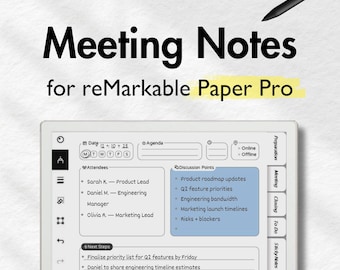 Puede incluir: Una tableta digital que muestra notas de reunión para reMarkable Paper Pro. La pantalla muestra una agenda de reunión con asistentes, puntos de discusión y próximos pasos. Un lápiz óptico está posicionado en la parte superior derecha. El texto "Meeting Notes" se muestra.