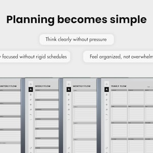 May include: A digital planner with a clean, minimalist design. The image shows different planning layouts: quarterly, weekly, monthly, and yearly. The text reads "Planning becomes simple" and "Think clearly without pressure."