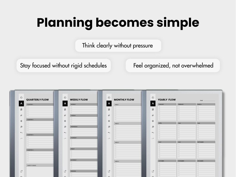 May include: A digital planner with a clean, minimalist design. The image shows different planning layouts: quarterly, weekly, monthly, and yearly. The text reads "Planning becomes simple" and "Think clearly without pressure."