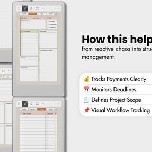 May include: Three digital tablet screens displaying project management templates with light gray frames. Text reads: How this helps? from reactive chaos into structured management. Tracks Payments Clearly, Monitors Deadlines, Defines Project Scope, Visual Workflow Tracking.