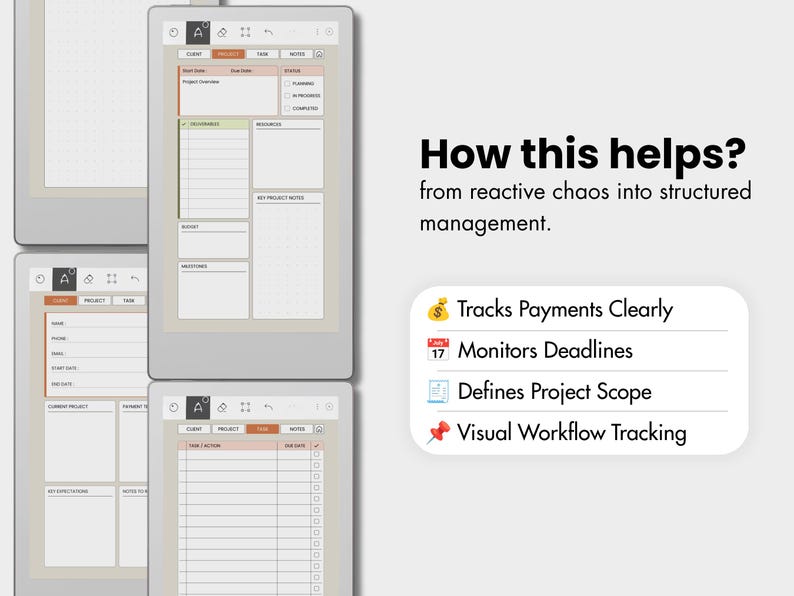 May include: Three digital tablet screens displaying project management templates with light gray frames. Text reads: How this helps? from reactive chaos into structured management. Tracks Payments Clearly, Monitors Deadlines, Defines Project Scope, Visual Workflow Tracking.