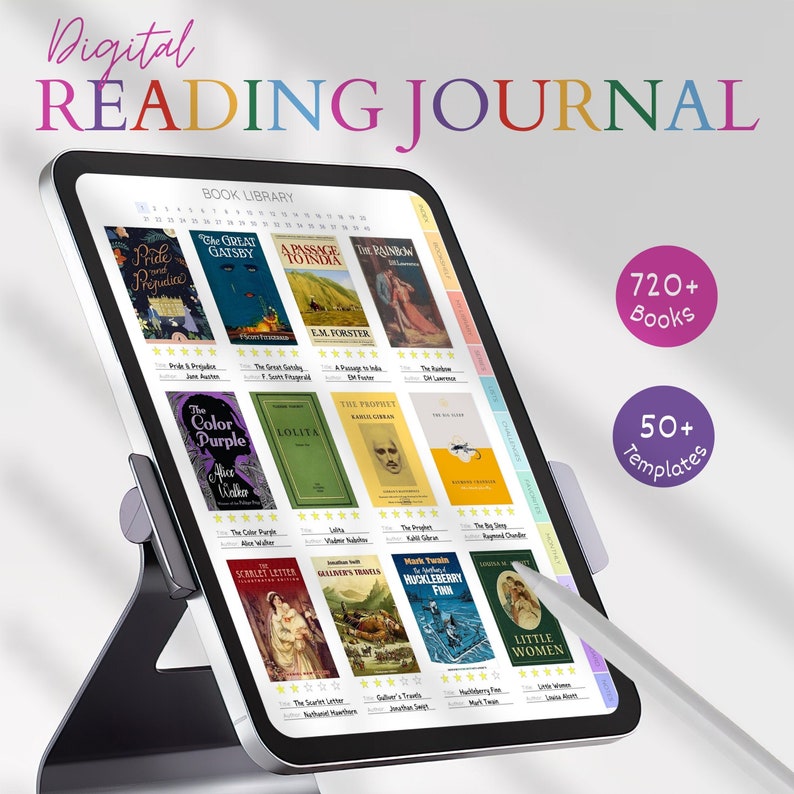 Puede incluir: Un diario de lectura digital en una tableta, con el t&iacute;tulo multicolor "Digital Reading Journal". La pantalla muestra portadas de libros y el texto "720+ Books" y "50+ Templates". Un l&aacute;piz &oacute;ptico flota cerca de la pantalla.