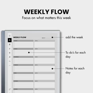 May include: A digital planner displaying the text "WEEKLY FLOW" and "Focus on what matters this week." The planner features sections for each day, with space for notes and to-do lists. The design is minimalist, using a gray and white colour scheme.