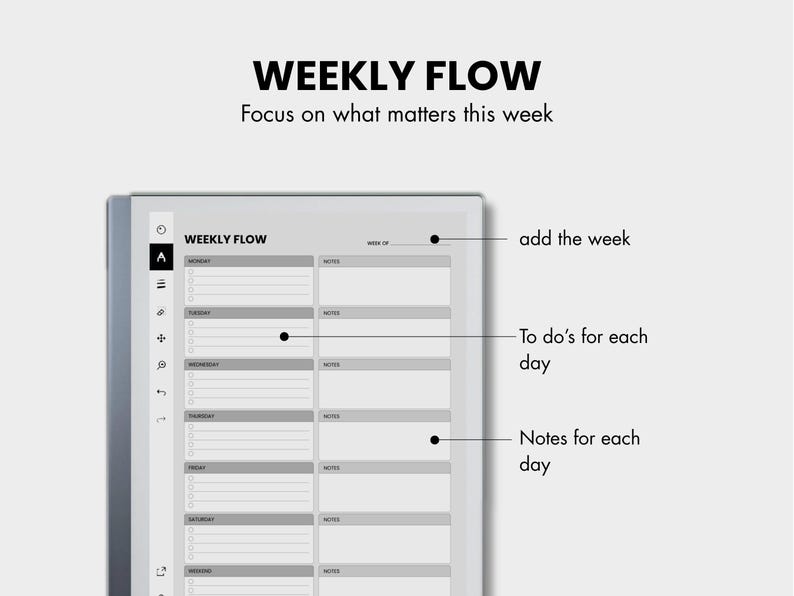 May include: A digital planner displaying the text "WEEKLY FLOW" and "Focus on what matters this week." The planner features sections for each day, with space for notes and to-do lists. The design is minimalist, using a gray and white colour scheme.