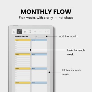 May include: A digital planner on a tablet screen, featuring a "MONTHLY FLOW" layout. The planner includes sections for weekly tasks and notes, with a header that reads "Plan weeks with clarity - not chaos."