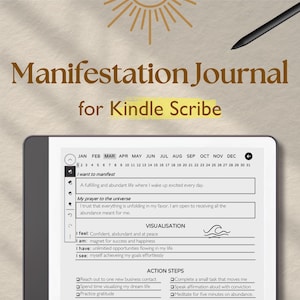 May include: A digital manifestation journal for Kindle Scribe. The journal features prompts for intentions, affirmations, and action steps. The text on the journal includes "Manifestation Journal for Kindle Scribe."