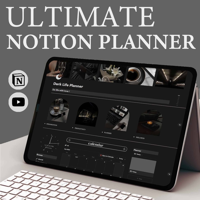 May include: A dark themed Notion planner on a tablet with a keyboard. The planner is called "Dark Life Planner" and has sections for organization, productivity, planning, and wellness. The calendar section is highlighted with the text "calendar" in white.
