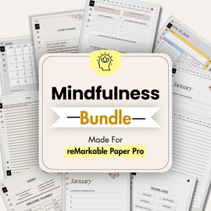 Könnte beinhalten: Ein digitales Planer-Bundle für reMarkable Paper Pro mit einer zentralen quadratischen Karte mit dem Text Mindfulness Bundle Made For reMarkable Paper Pro und einem gelben Kopf-Symbol, umgeben von verschiedenen Planer-Seitenlayouts inklusive Kalendern.