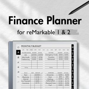 Pode incluir: Uma imagem em preto e branco de um bloco de notas digital com um planejador de orçamento mensal para o reMarkable 1 & 2. O planejador inclui seções para renda, economias, contas e despesas.