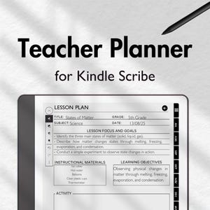 Puede incluir: Un planificador digital para profesores para Kindle Scribe. La pantalla muestra un plan de lección titulado "Estados de la materia" para ciencias de 5º grado. El plan incluye objetivos de aprendizaje y materiales didácticos.